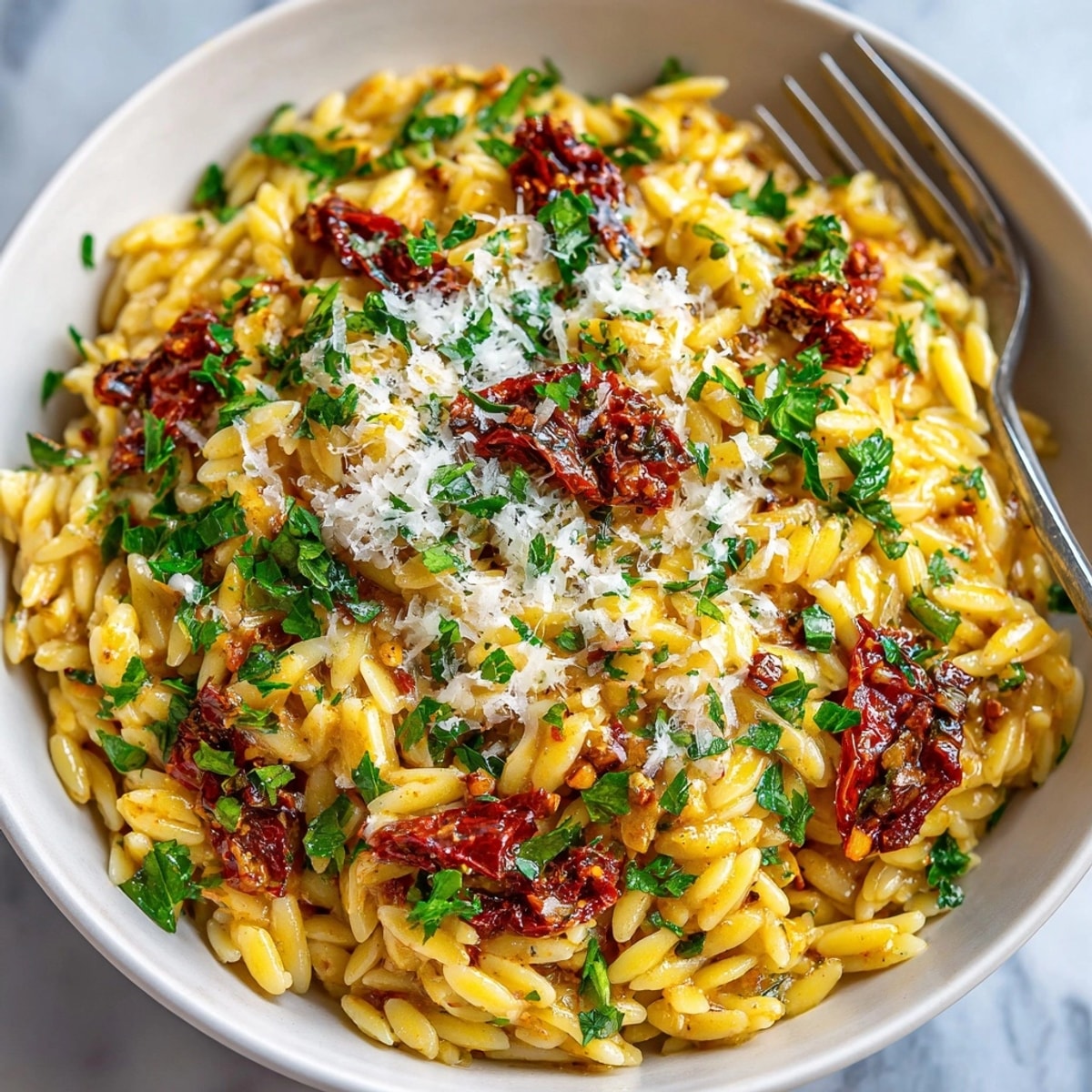 Close-up picture: Shiny, saucy sun-dried tomato pesto orzo, ready to be served.