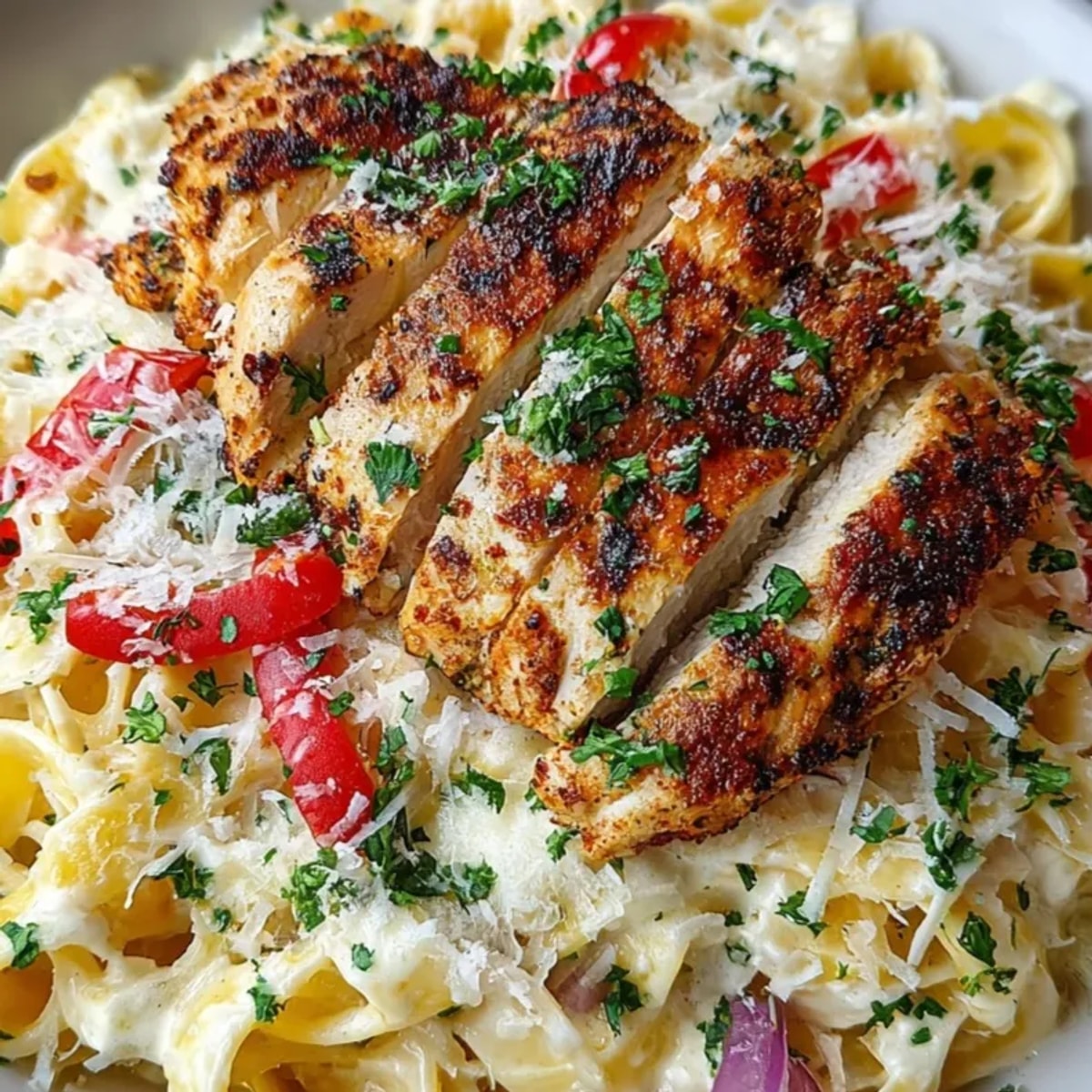 Cajun Chicken Pasta Alfredo: Creamy, spiced comfort food with vibrant red pepper and parsley.