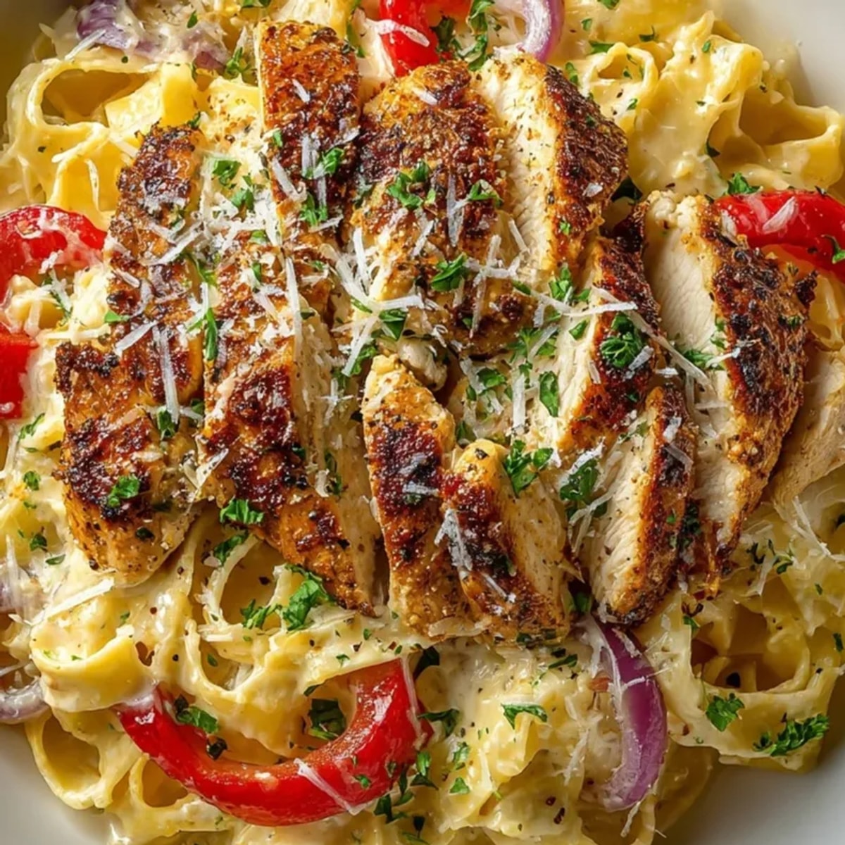 A skillet of luscious Cajun Chicken Pasta Alfredo, a flavorful symphony of textures.