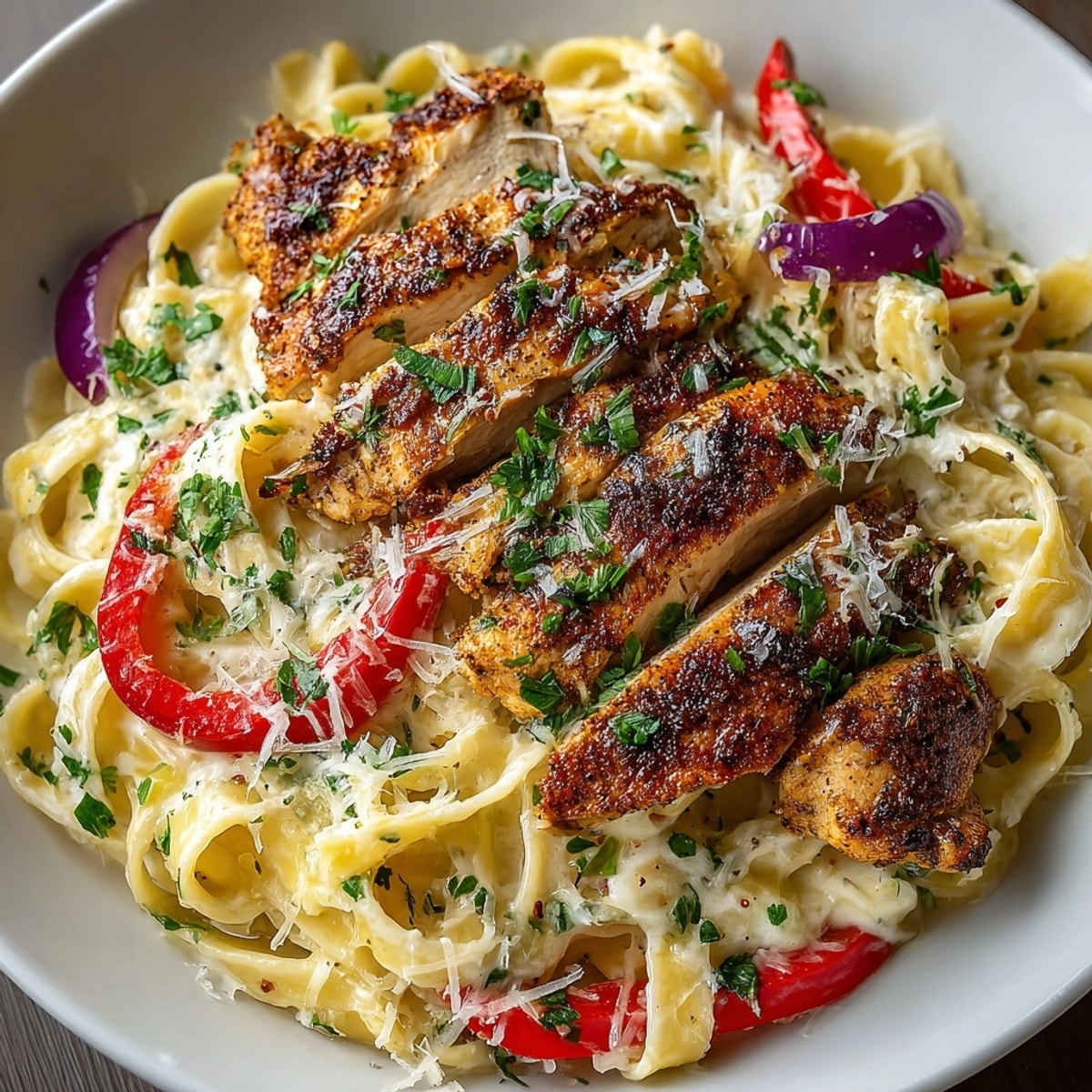Golden-brown skillet Cajun Chicken Pasta Alfredo, ready to serve with a glass of wine.