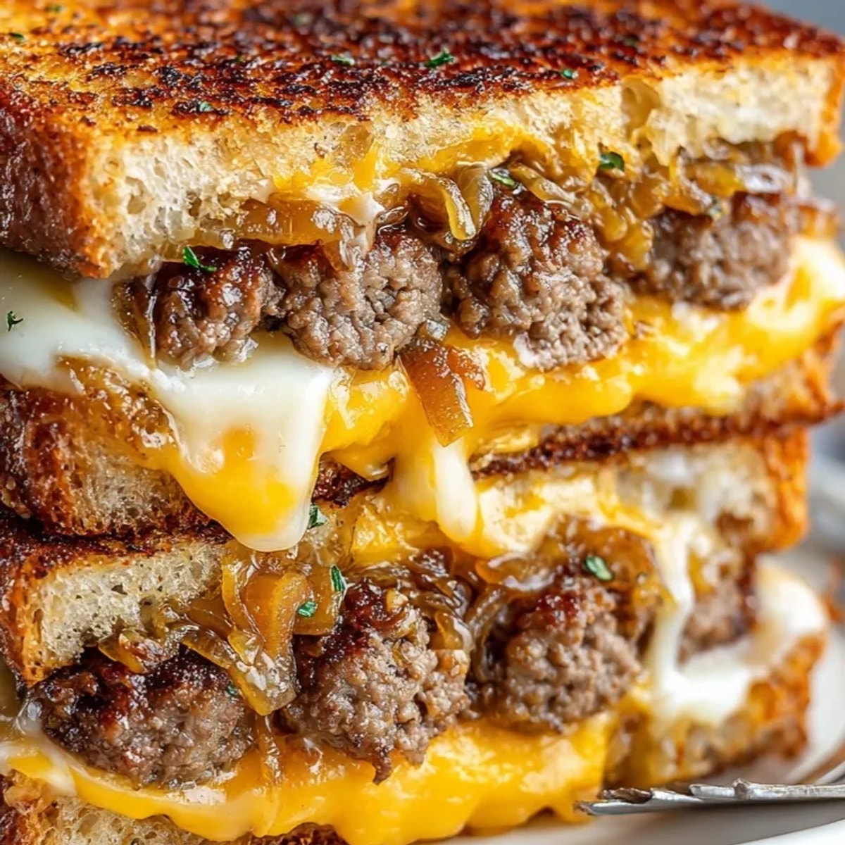 Golden, buttery Patty Melt Grilled Cheese: beefy comfort with caramelized onions and gooey cheese.