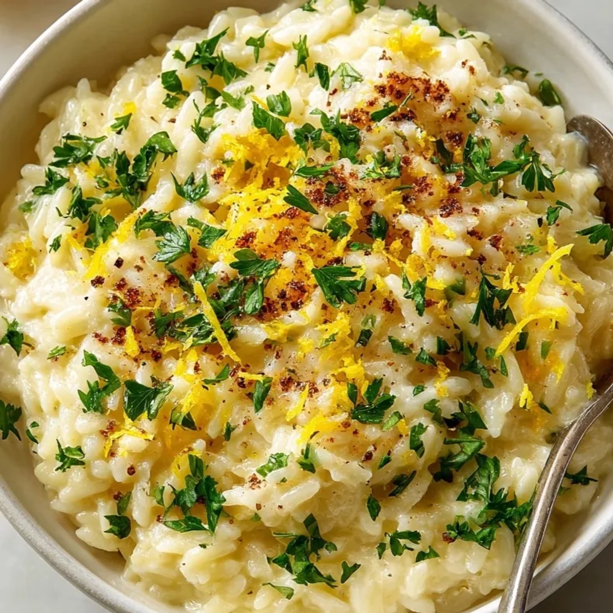 Close-up of rich Orzo Risotto Style with Parmesan; a vegetarian Italian comfort food.