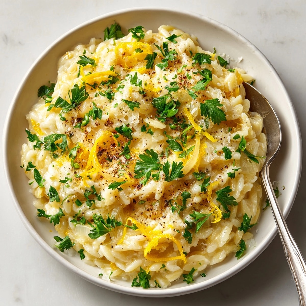 Easy homemade Orzo Risotto Style recipe; imagine the warm aroma of garlic and cheese.