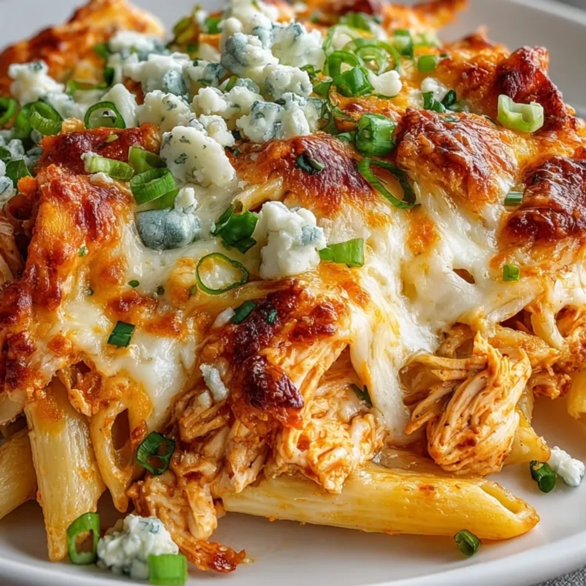 Close-up of a creamy, bubbling Buffalo Chicken Pasta Bake, golden cheddar topping.