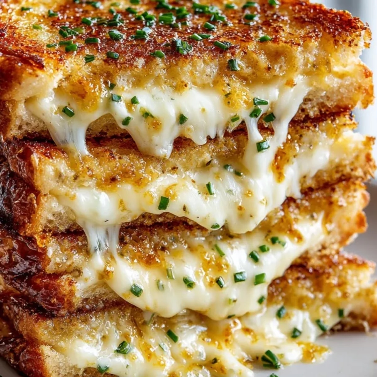 Melted four cheese truffle grilled cheese showing golden sourdough bread and gooey filling.