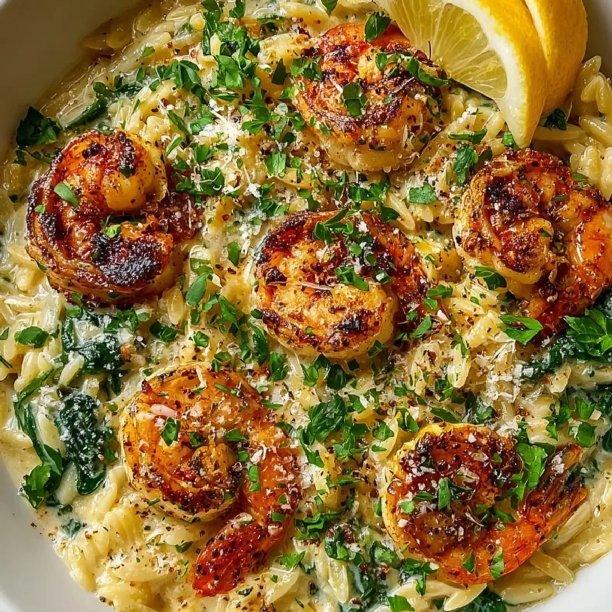 Creamy Lemon Orzo with Shrimp glistens, a comforting Mediterranean pasta, ready to enjoy.
