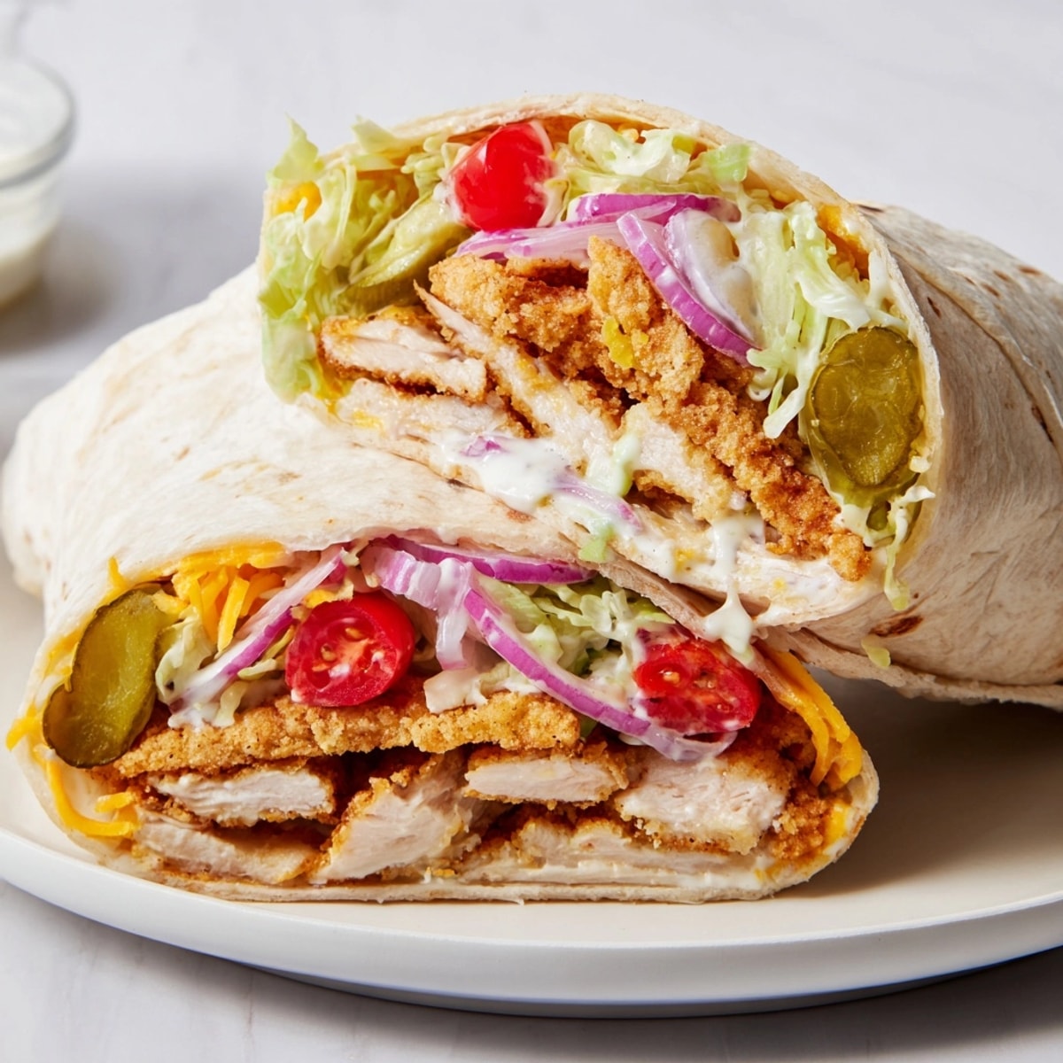 Close-up of golden Fried Pickle Ranch Wraps showing crunchy fried pickles and creamy ranch.