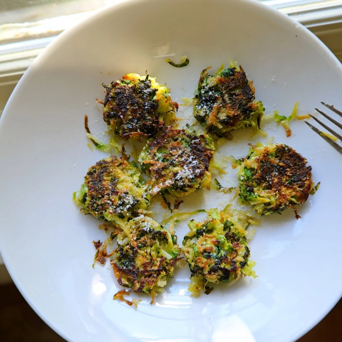 Close-up showcases crispy edges of the Sautéed Brussels Sprout Tots, a healthier appetizer.