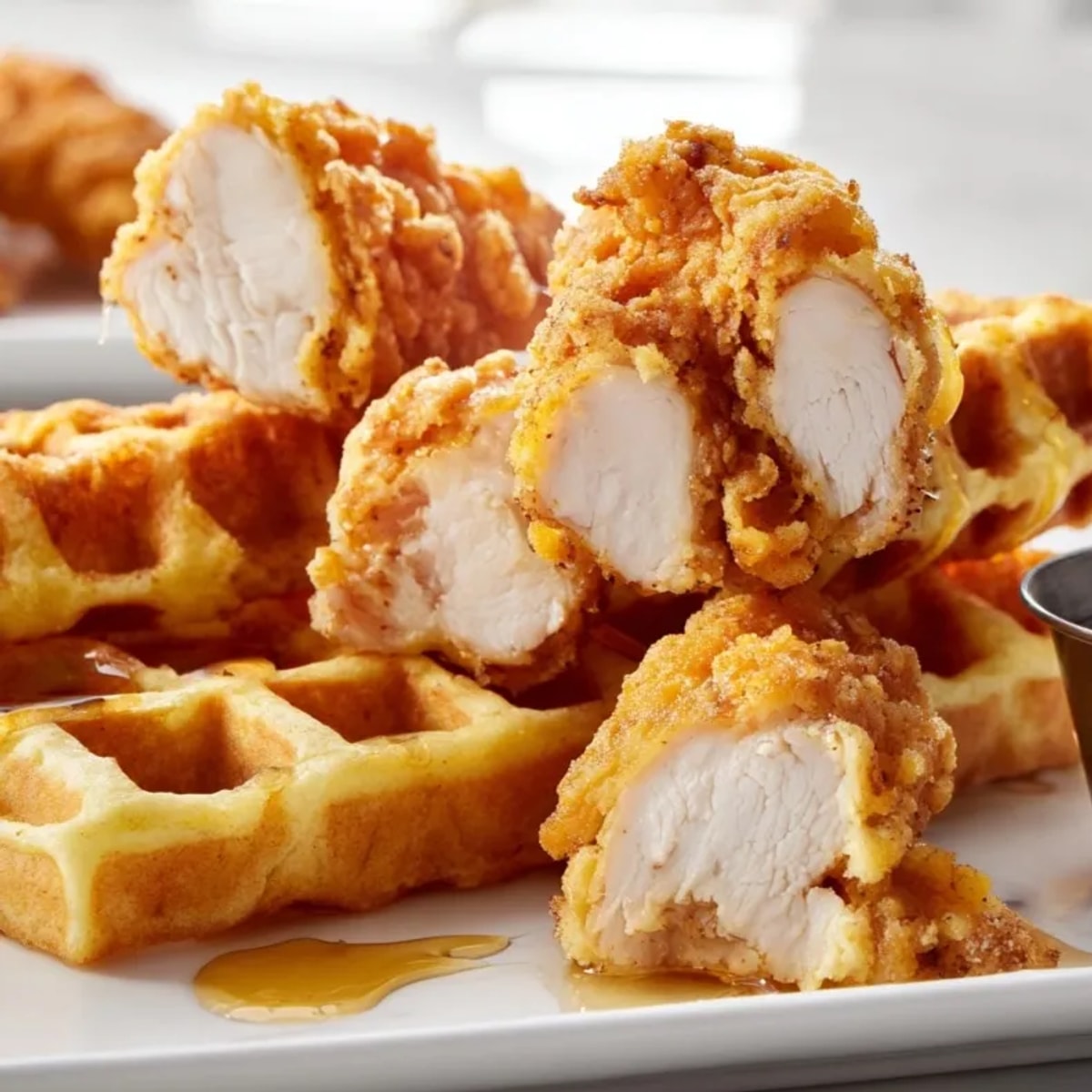 Golden Crispy Chicken Waffle Sticks ready for dipping in sweet maple syrup.