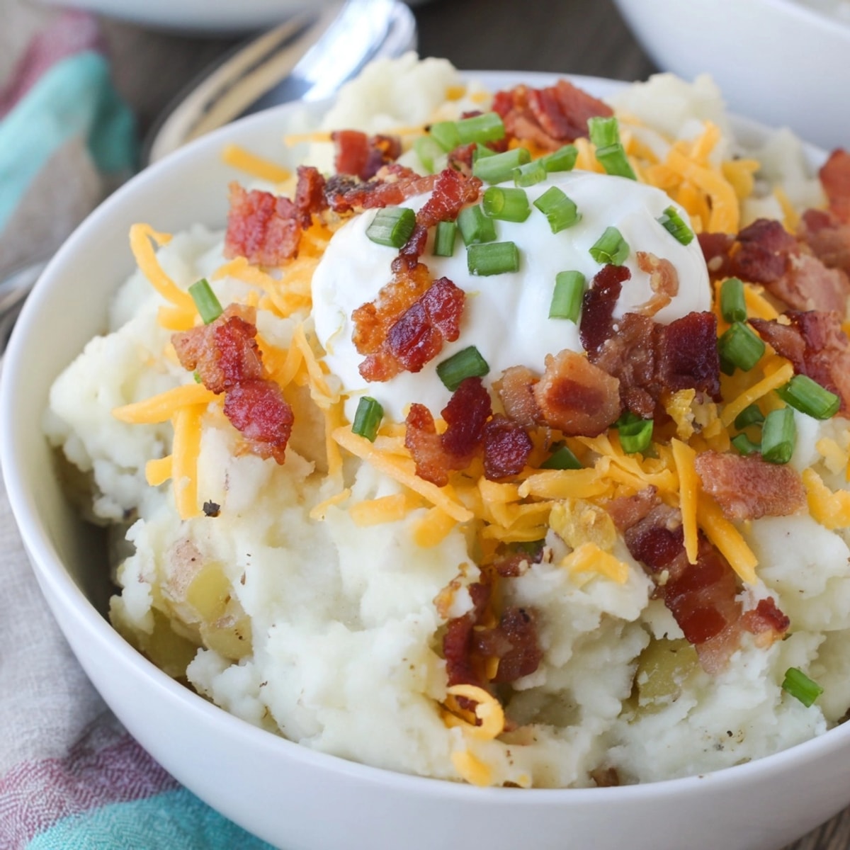 Creamy Loaded Baked Potato Soup in a bowl, topped with bacon and chives.