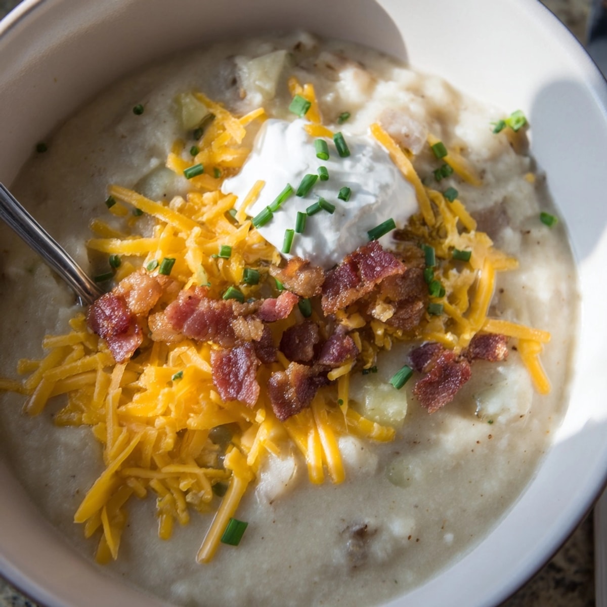 Homemade Loaded Baked Potato Soup, a comforting and cheesy dinner, ready to serve.