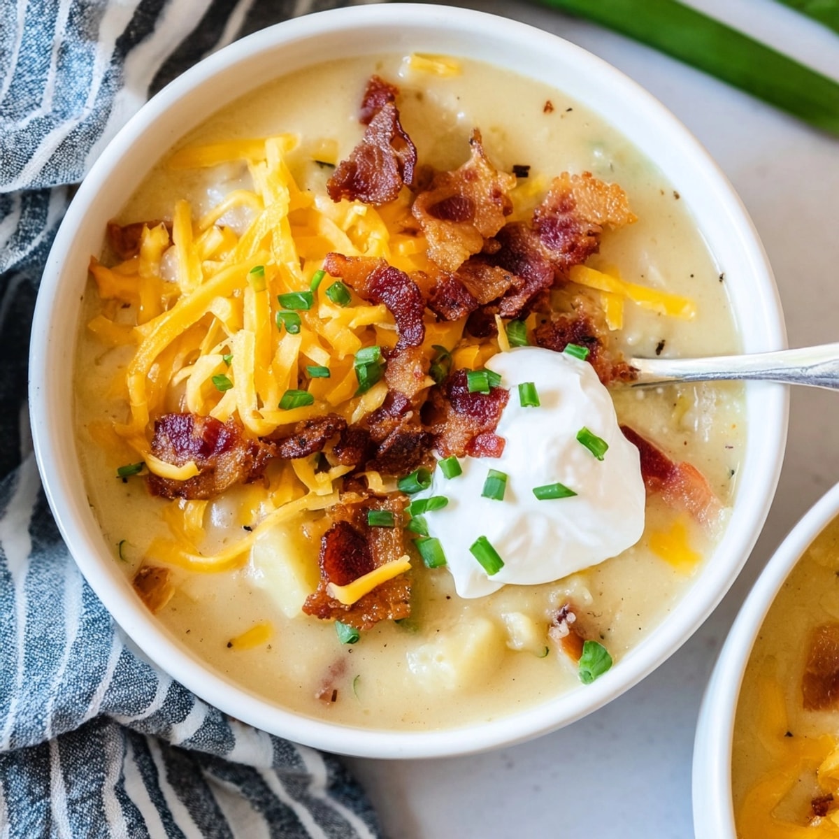 A close-up of rich Loaded Baked Potato Soup, garnished with cheddar and sour cream.