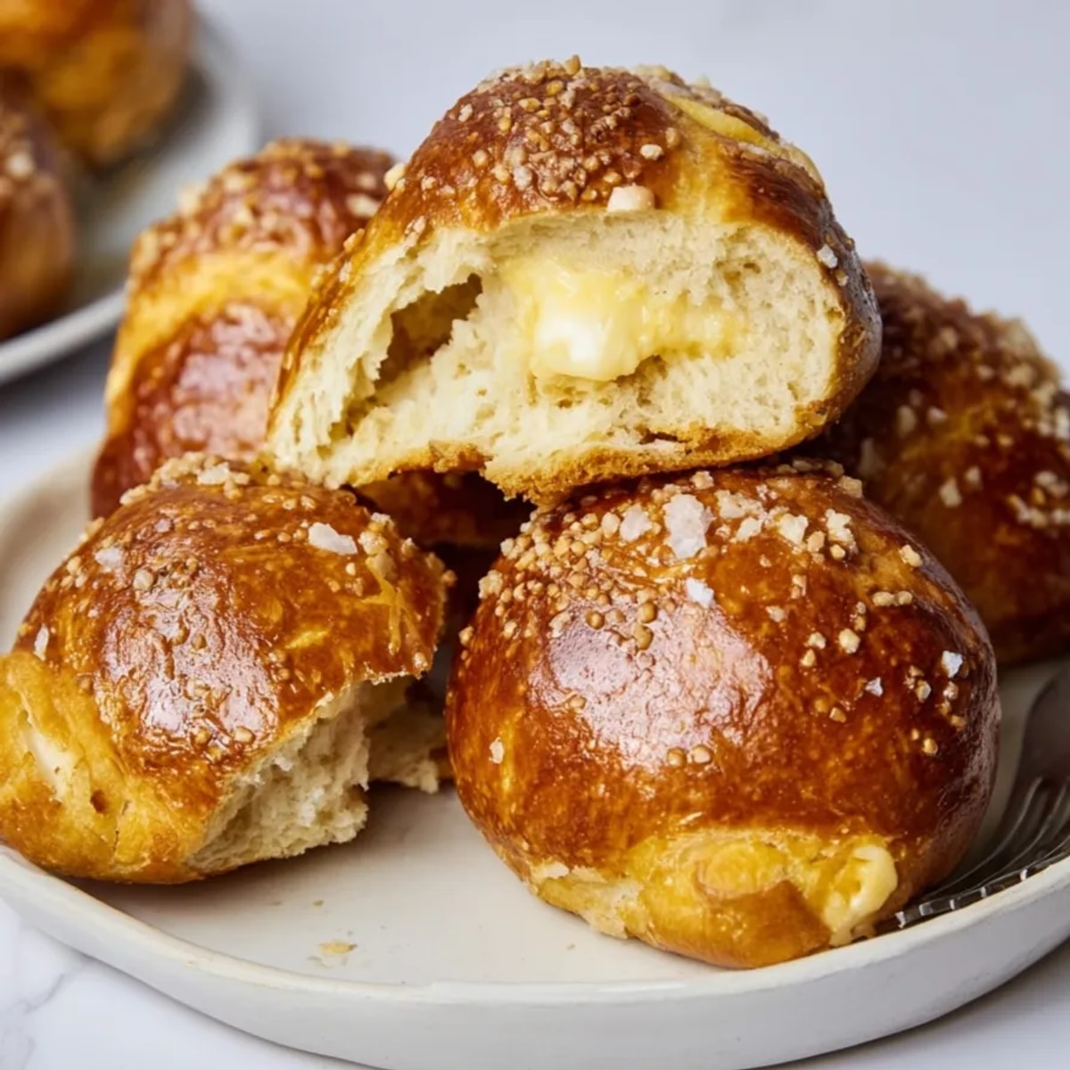 Golden brown Soft Pretzel Biscuit Bombs on a baking sheet, ready for dipping.