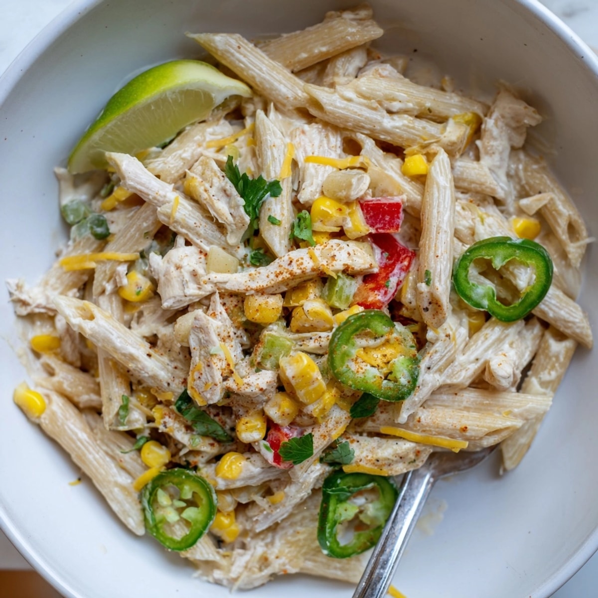 Creamy White Chicken Chili Pasta plated, garnished with cilantro, ready to delight.
