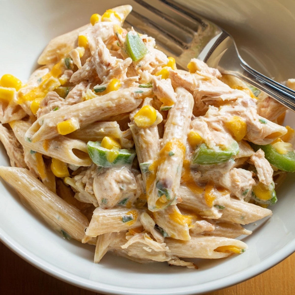 Close-up, steaming White Chicken Chili Pasta: creamy comfort food with visible green chiles.