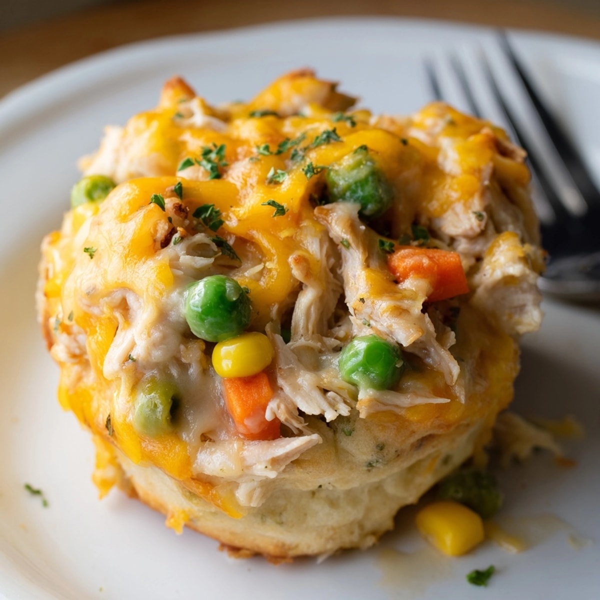 Warm, savory Cheesy Garlic Chicken Pot Pie Muffins: buttery biscuits, cheesy filling.