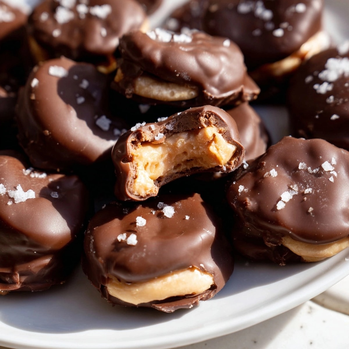 Close-up of delicious Peanut Butter Salted Pretzel Bites drizzled with chocolate and sprinkled with sea salt.