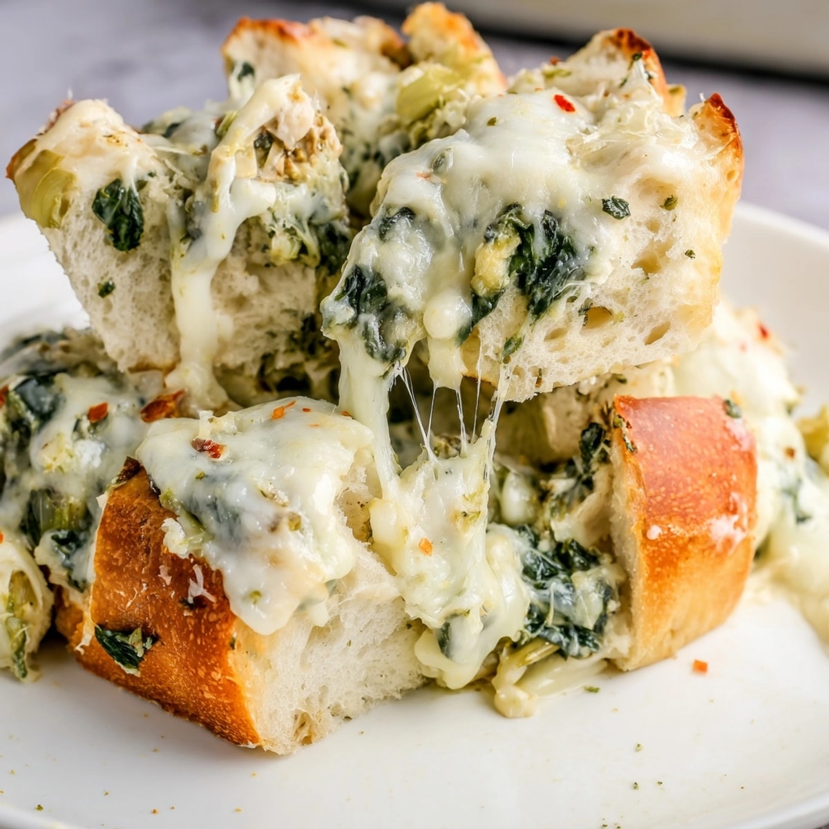 Golden baked Alfredo Spinach Artichoke Bread with melted cheese ready to be pulled.