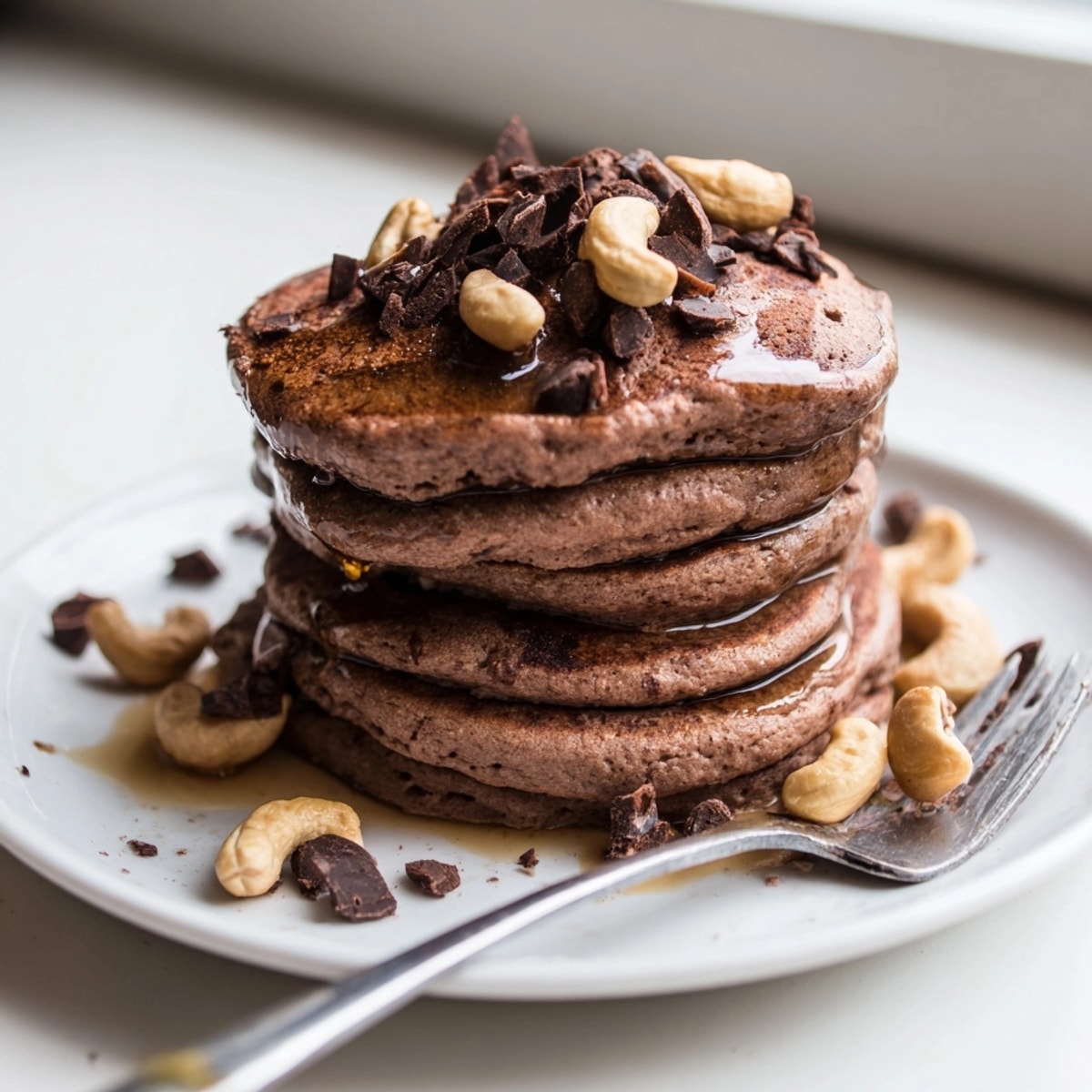 Close-up of Protein Chocolate Cashew Pancakes: dark chocolate oozing out, topped with chopped cashews.