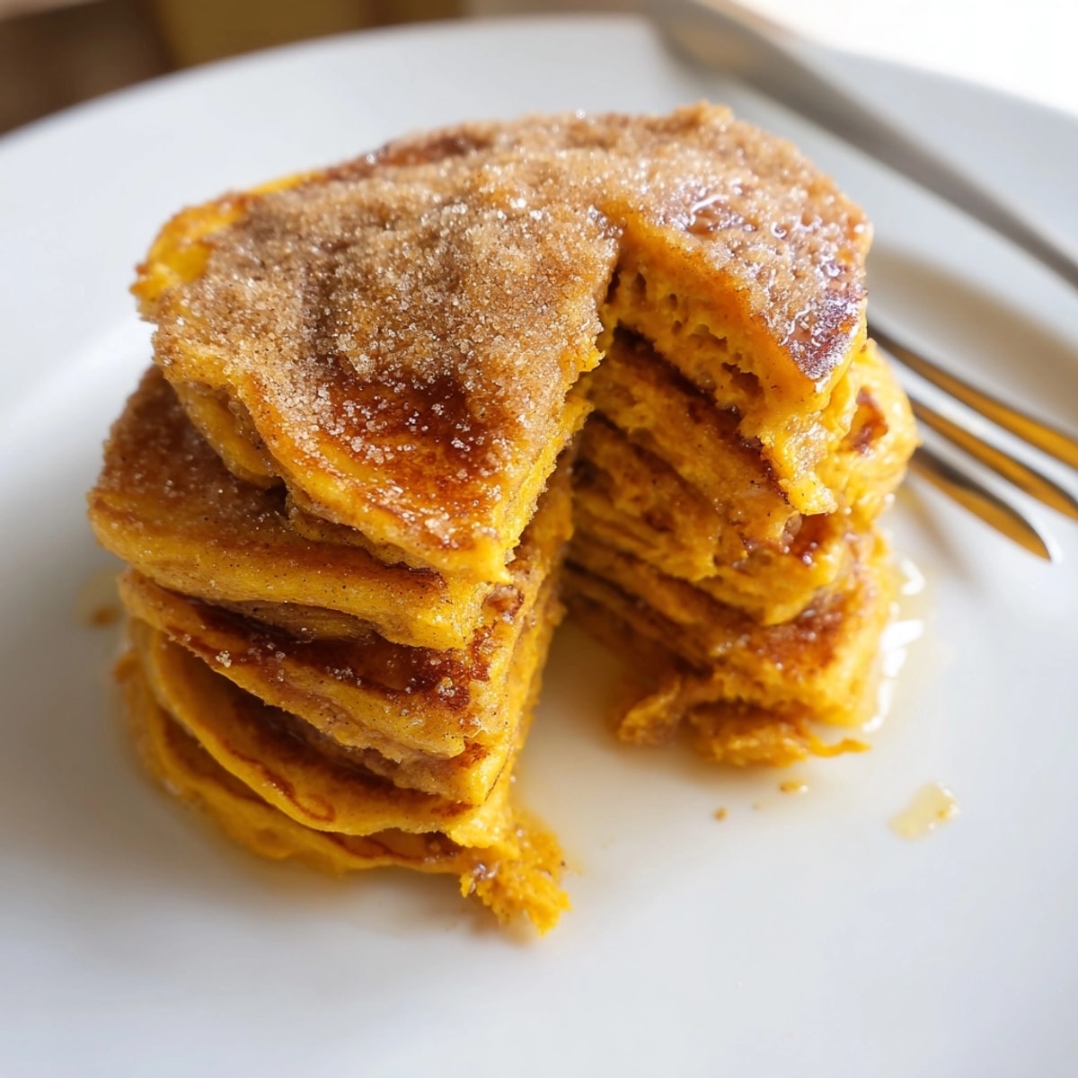 Fluffy cinnamon sugar sweet potato pancakes sizzling on a griddle, ready for syrup.
