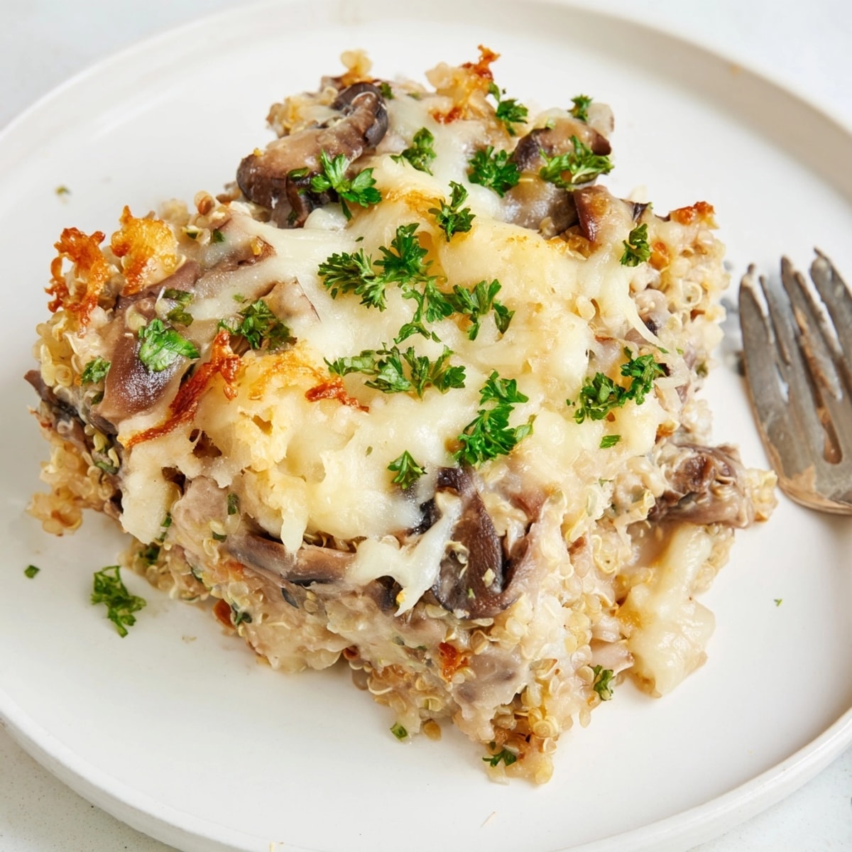 Baked Alfredo Quinoa Mushroom Bake, golden brown, bubbling—a creamy vegetarian casserole ready to serve.