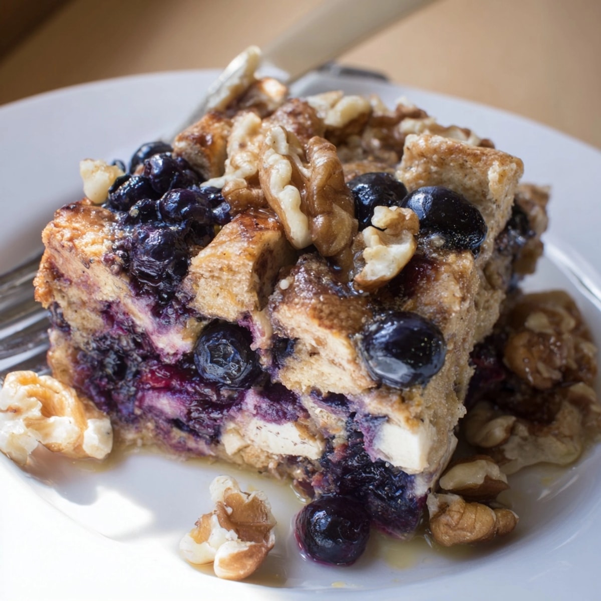 Delicious Protein Blueberry French Toast Bake, fresh blueberries nestled, sweet maple syrup drizzle.