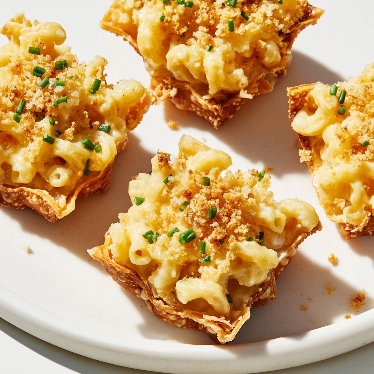 Golden baked Mac and Cheese Crispy Wonton Cups, a tempting bite-sized appetizer.