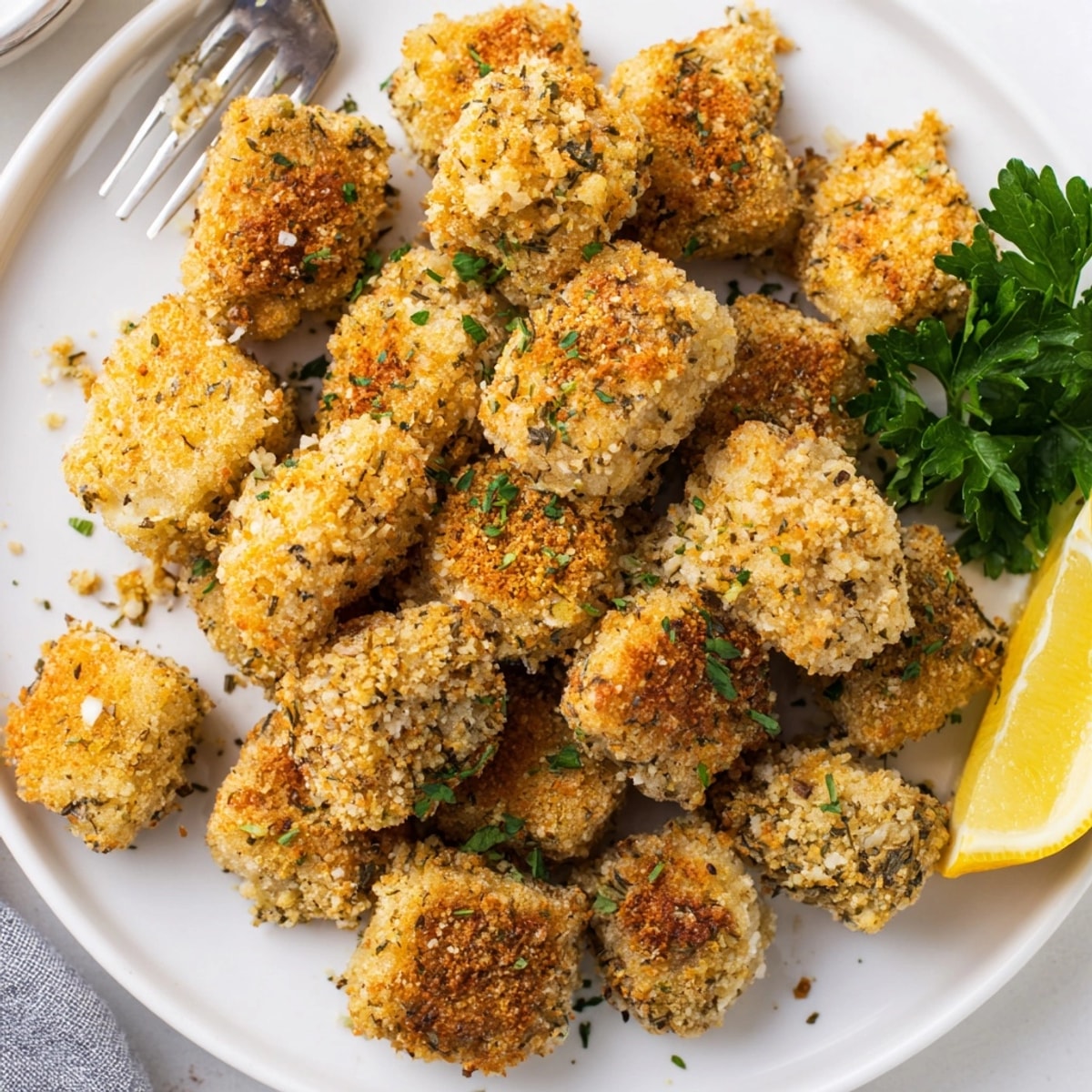 Crispy, golden Garlic Herb Popcorn Chicken fresh from the fryer, ready to dip.