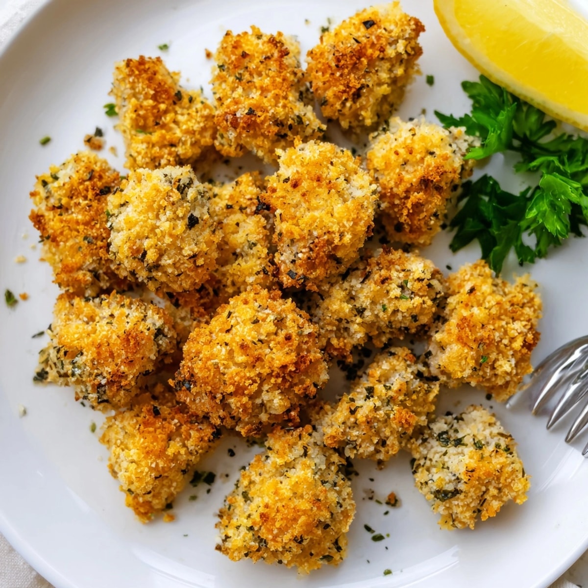 Close-up of Garlic Herb Popcorn Chicken, showcasing the flavorful, textured panko coating.