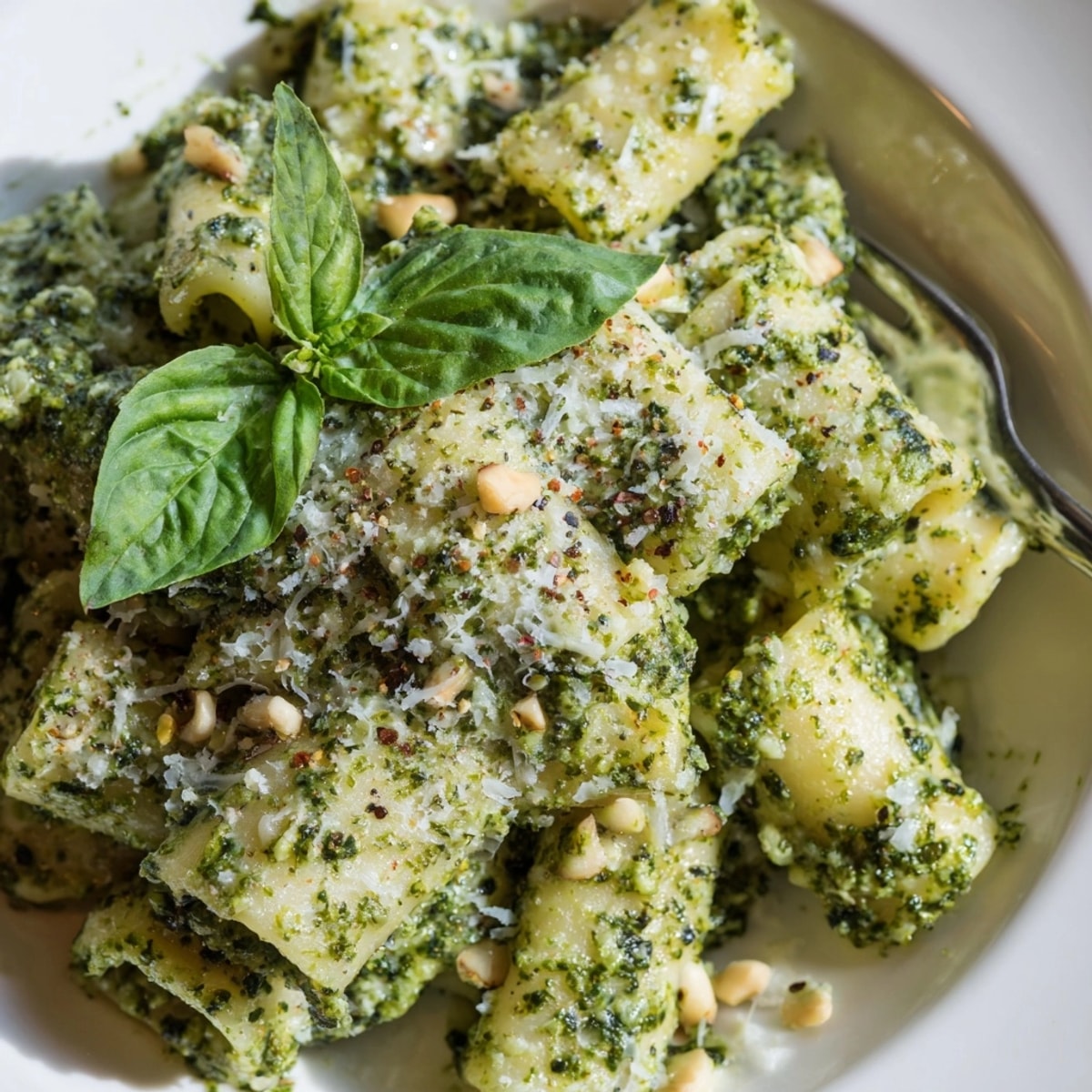 Creamy Ricotta Spinach Pesto Pasta, a swirl of vibrant green sauce clings to each strand.