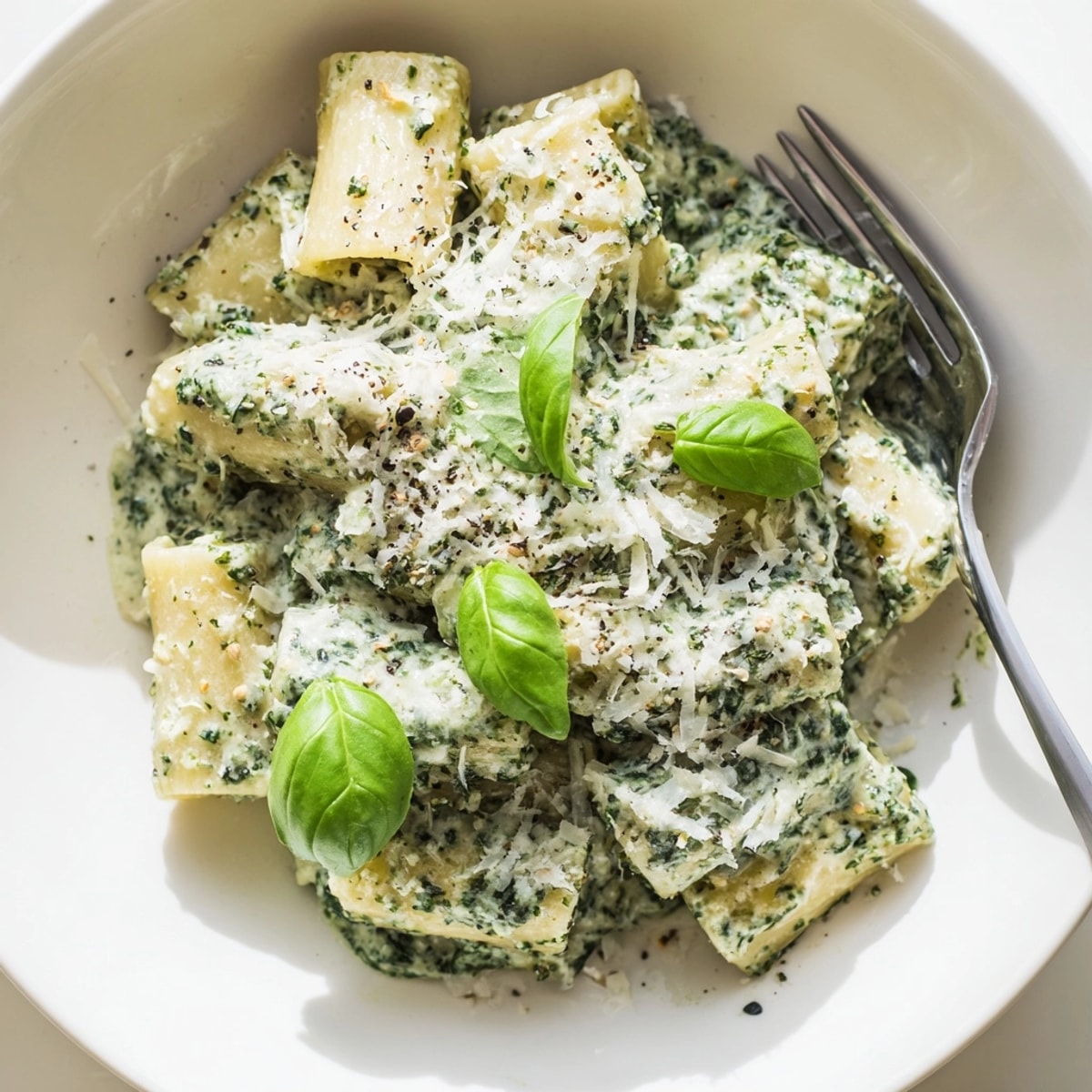 Close-up of Ricotta Spinach Pesto Pasta, garnished with basil; enjoy comforting Italian flavors.