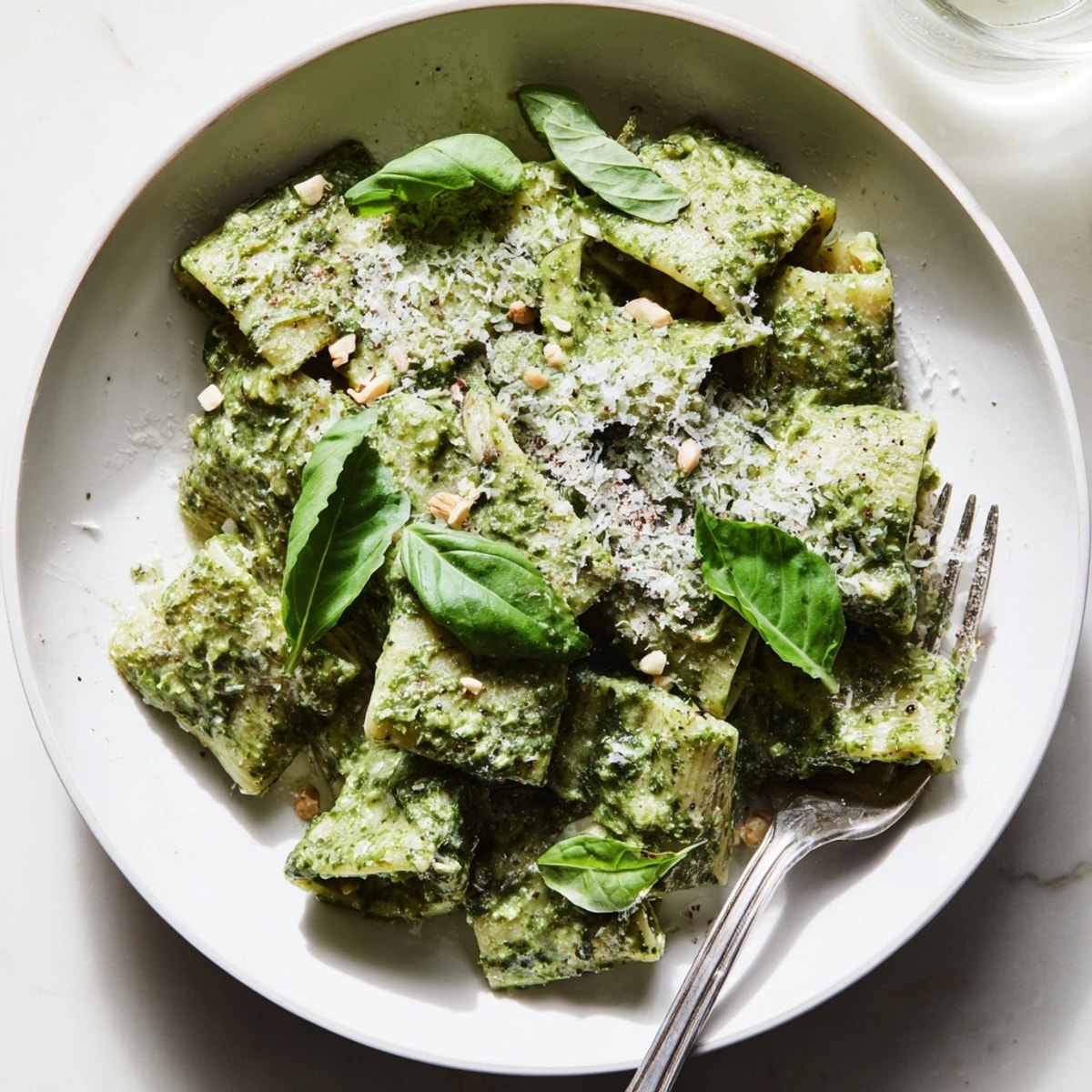 A plated serving of Ricotta Spinach Pesto Pasta; taste the rich, cheesy pesto delight!