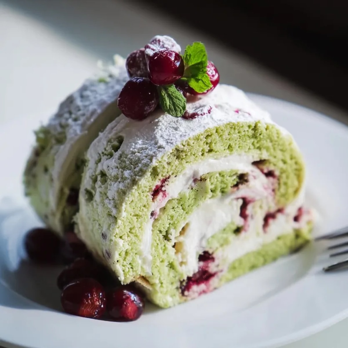 A festive Matcha Swiss Roll with Cranberry Cream, swirled and covered with powdered sugar.