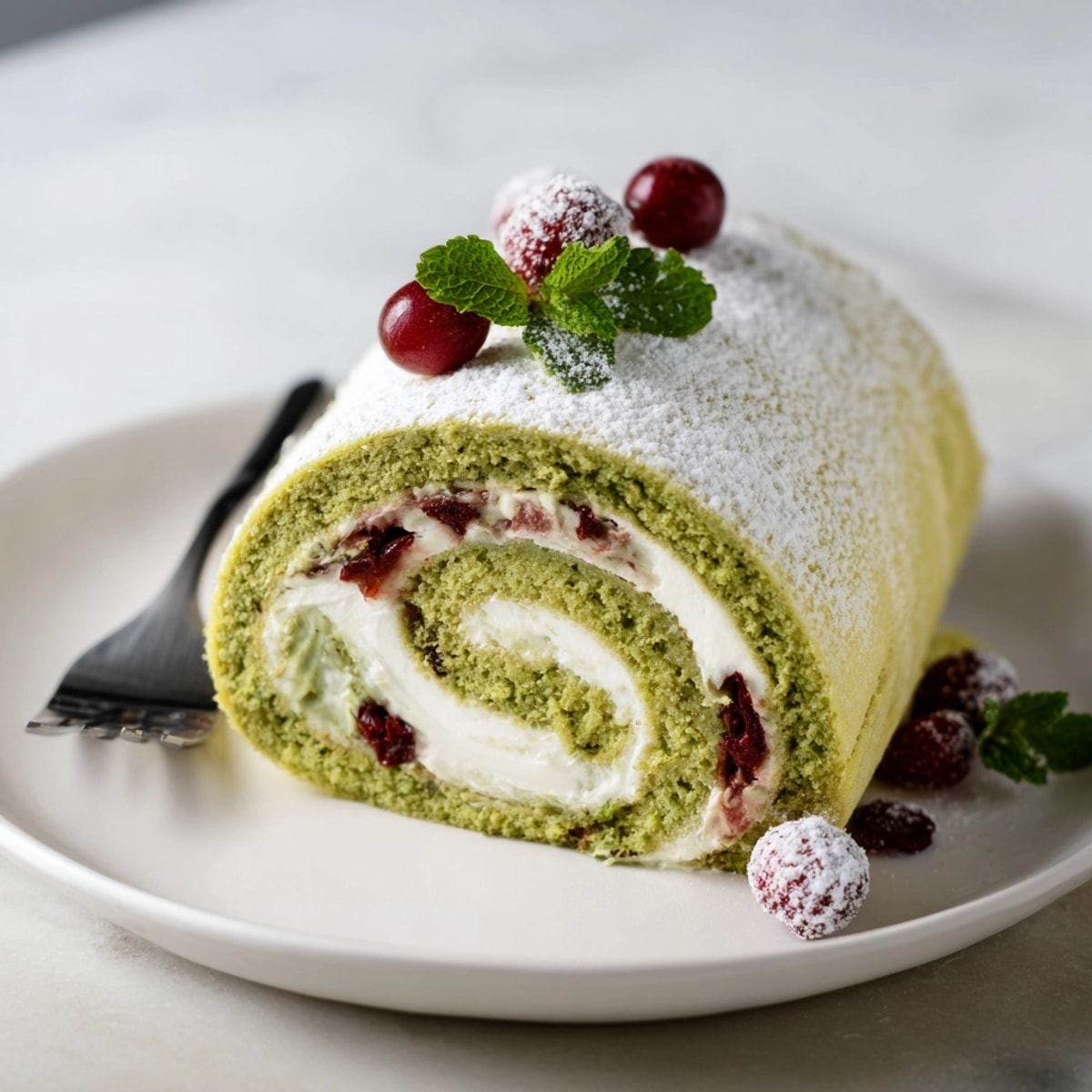 Homemade Matcha Swiss Roll recipe, filled with tart cranberry cream, a delightful dessert.