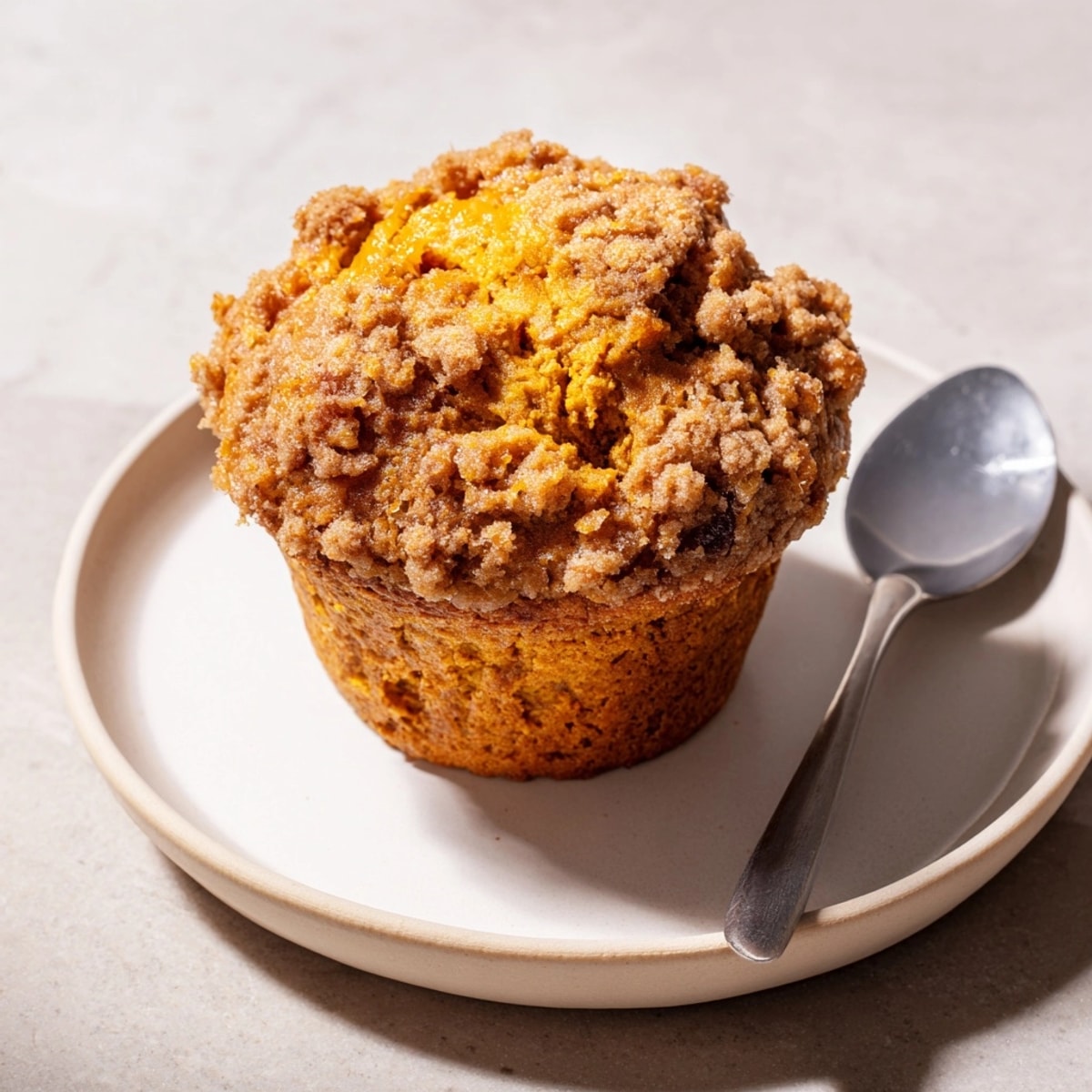 Close-up of a cut Spicy Pumpkin Muffin showing moist crumb and bits of crystallized ginger.