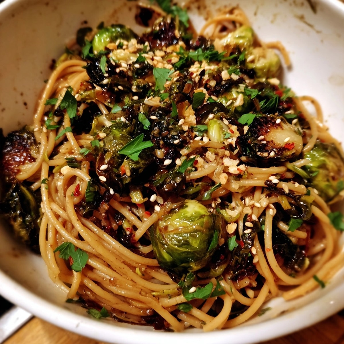 Close-up of glossy, caramelized Maple-Soy Roasted Brussels Sprouts Pasta, ready to serve.