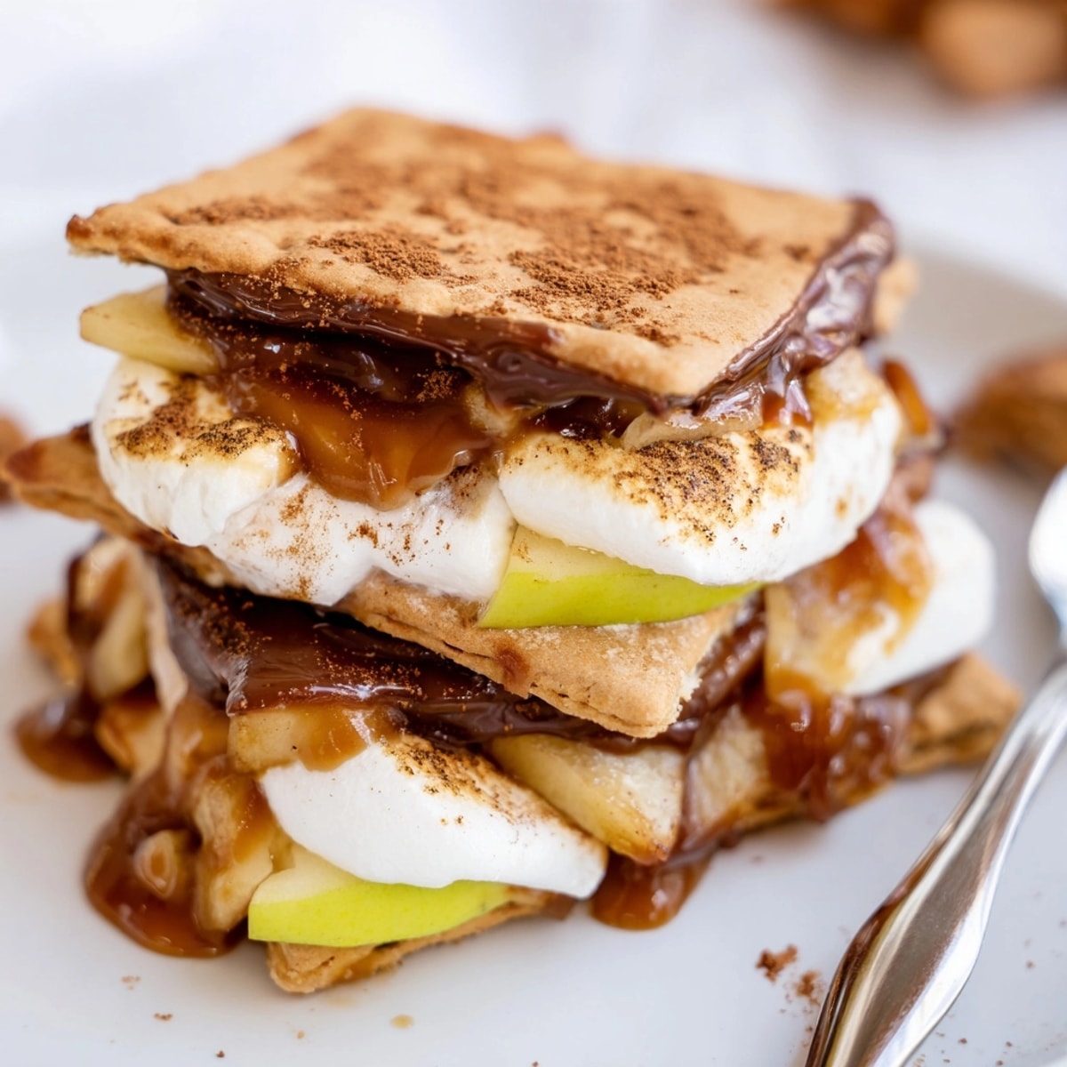 Warm, gooey Caramel Apple S’mores Stack, crisp apples melt into toasted marshmallows, ready to devour.