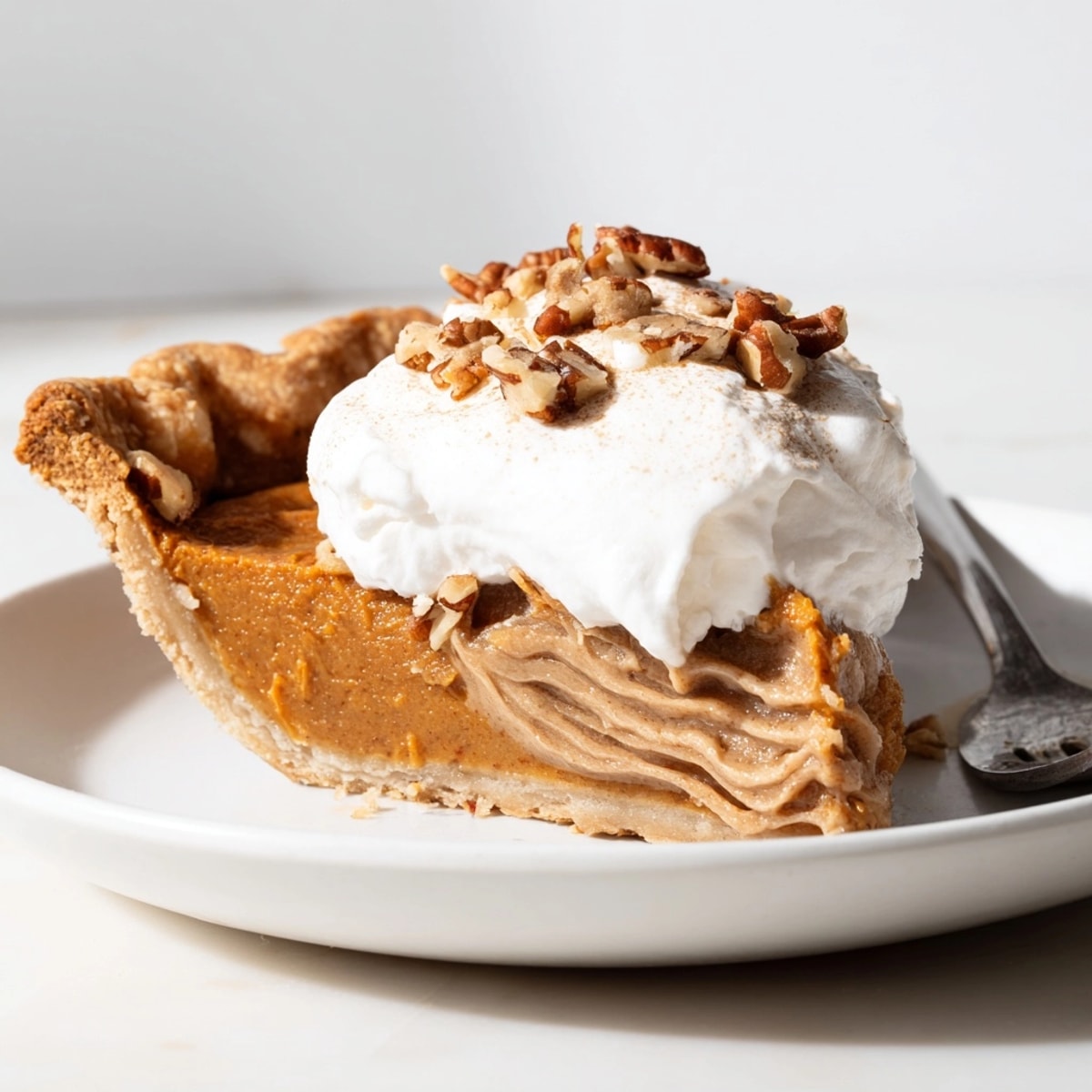 Sweet Potato Miso Pie slices: Rich, aromatic Thanksgiving treat with pecans, ready to serve.