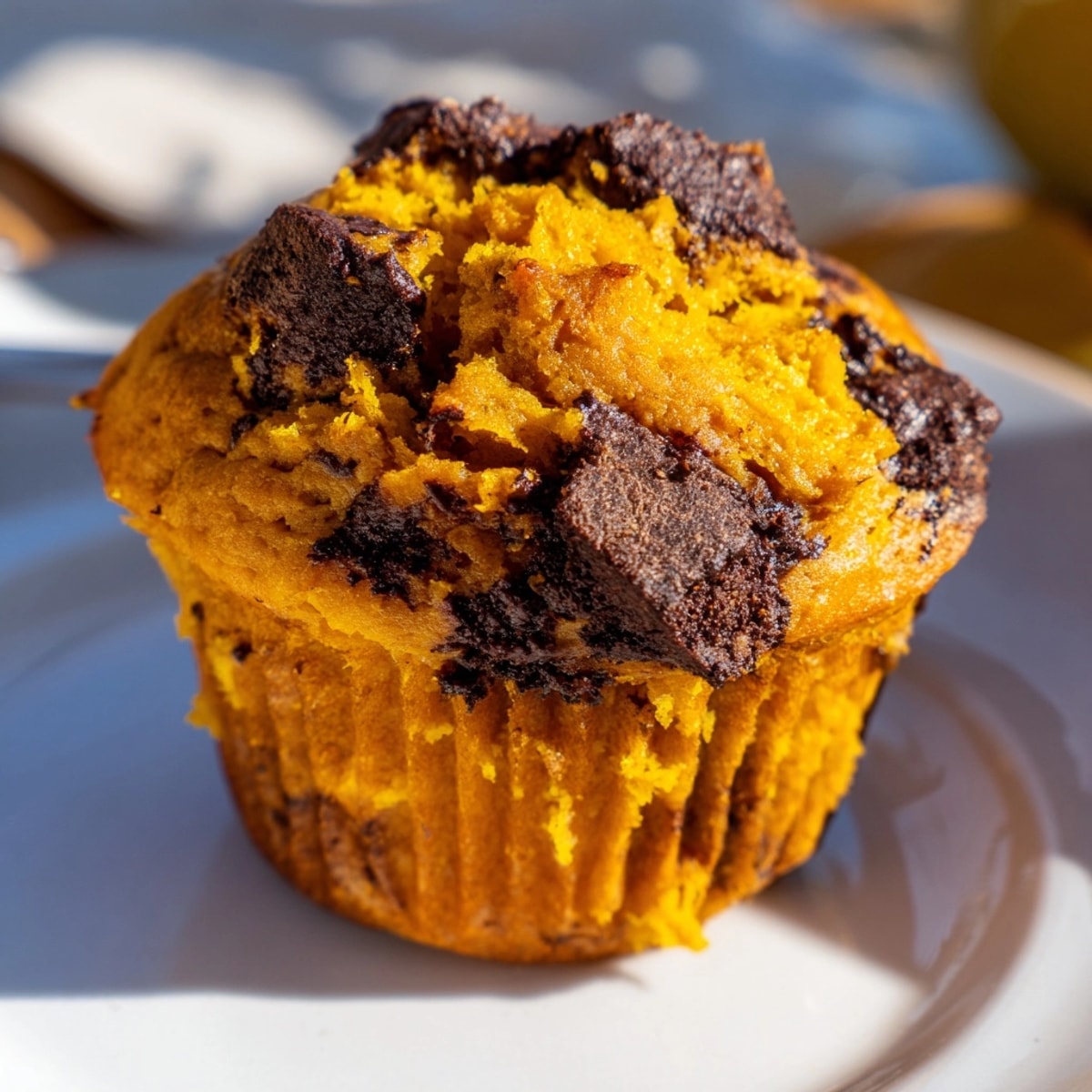 Homemade Pumpkin Chocolate Chip Muffins with Sourdough Starter, showing moist texture and melted chips.
