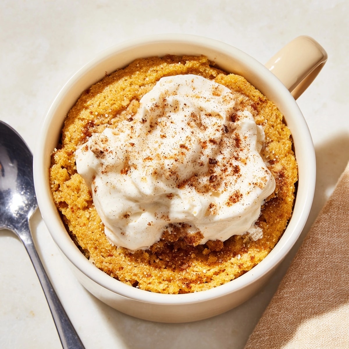 Enjoy this quick Creamy Pumpkin Muffin Mug Cake recipe – single-serving, sweet spiced autumn treat.