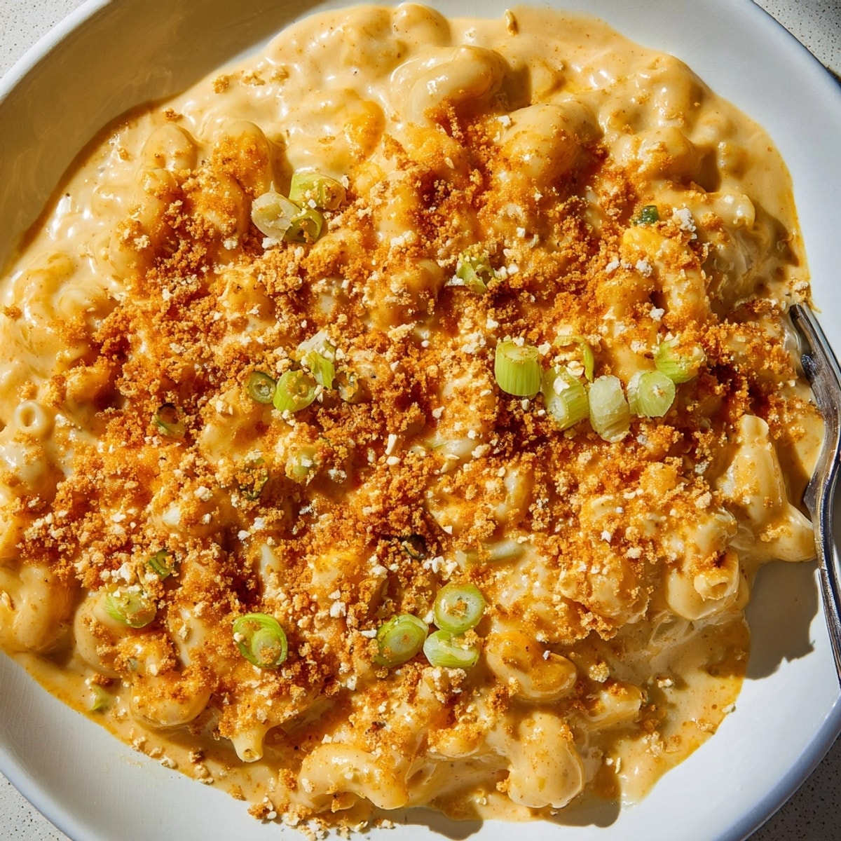Close-up of bubbling Katsu Curry Mac &amp; Cheese showing the rich sauce and golden crust.