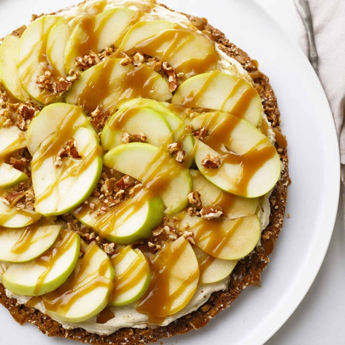 Golden Caramel Apple Pizza with Salted Pretzel Crust, ready for slicing and serving.