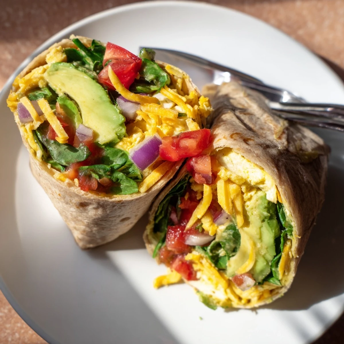 Creamy avocado egg white burrito filled with fresh veggies and spices, ready to enjoy.  