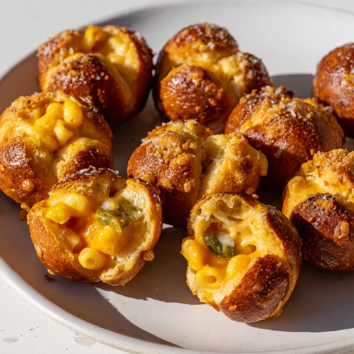 Crunchy Mac and Cheese Jalapeño Pretzel Bites golden brown, perfect for sharing at parties.  