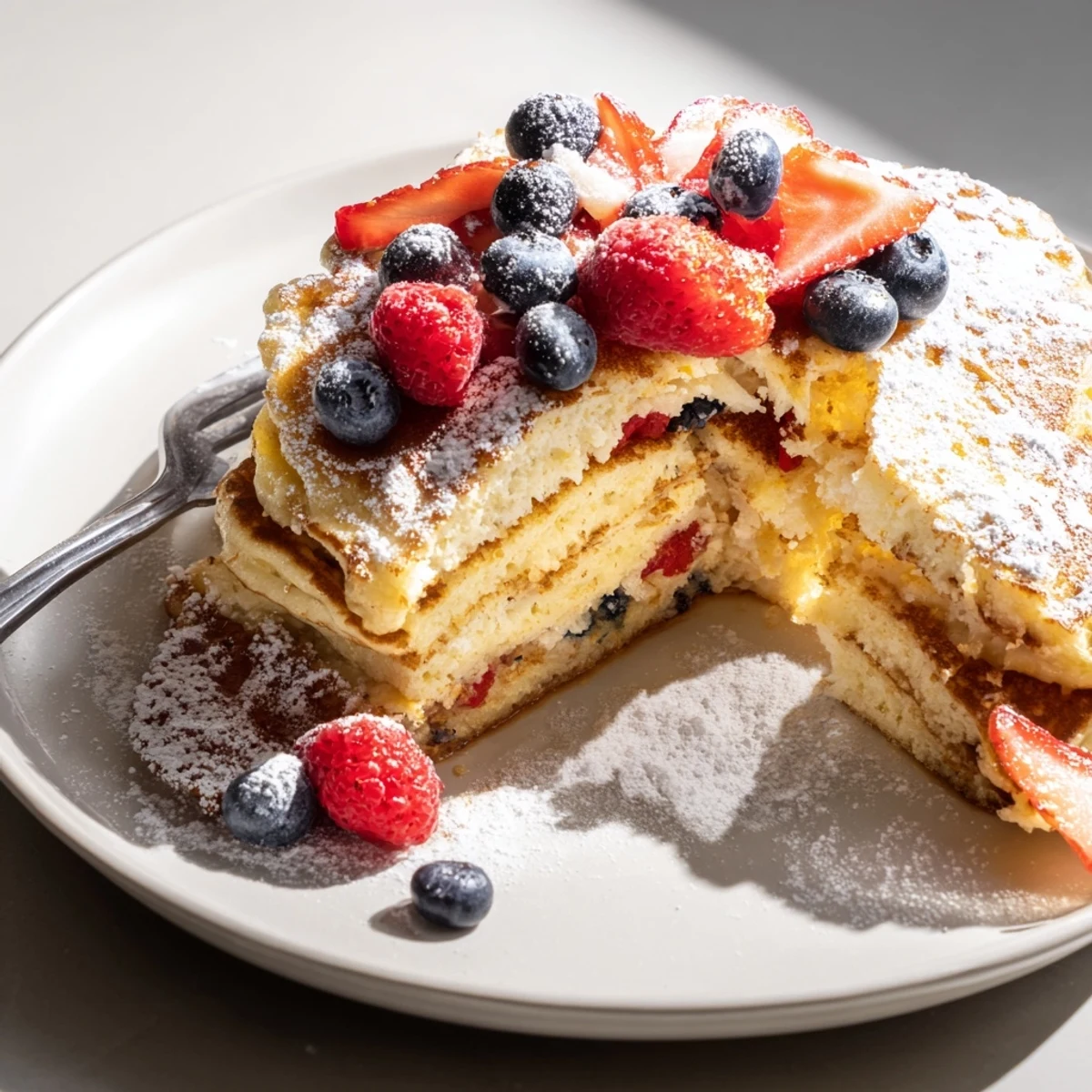 Fluffy Ricotta Berry Orange Pancakes topped with fresh berries and dusted with powdered sugar.  