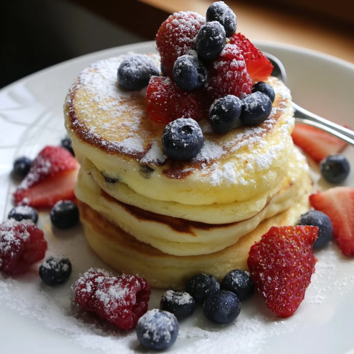 Bright and citrus-scented Ricotta Berry Orange Pancakes ready for a delicious breakfast treat.  