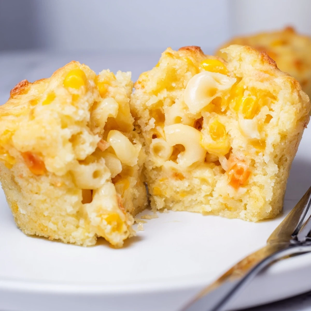 Savory Mac and Cheese Sweet Corn Muffins, golden and fluffy, ideal for snack time.  