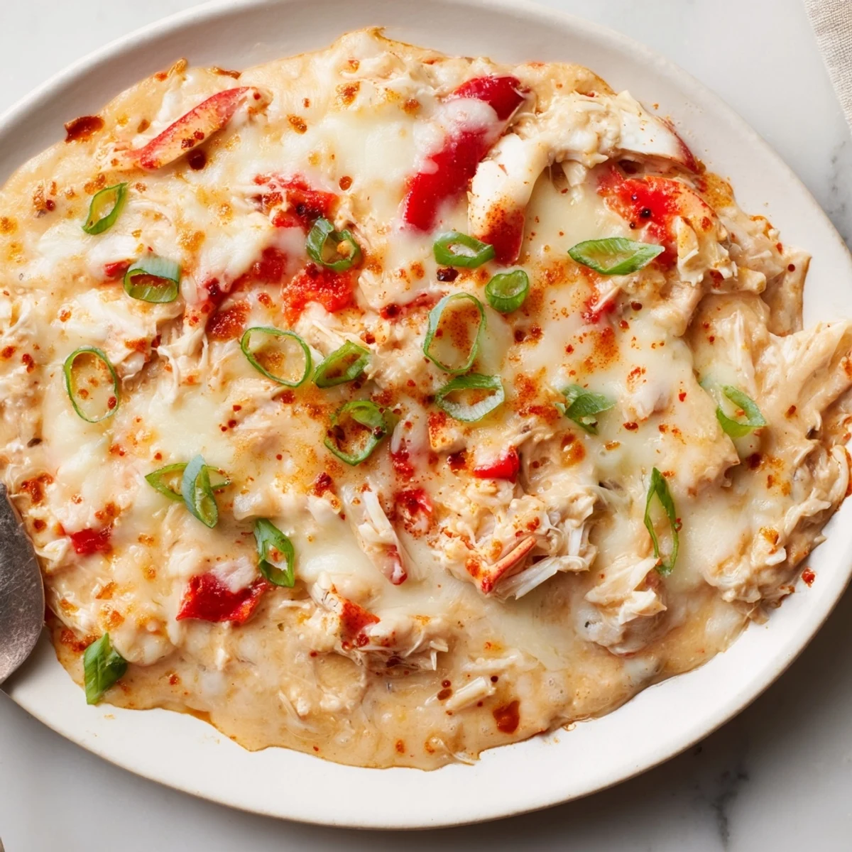 Warm Cheesy Cajun Crab Dip bubbling with melted cheese and succulent crab meat.