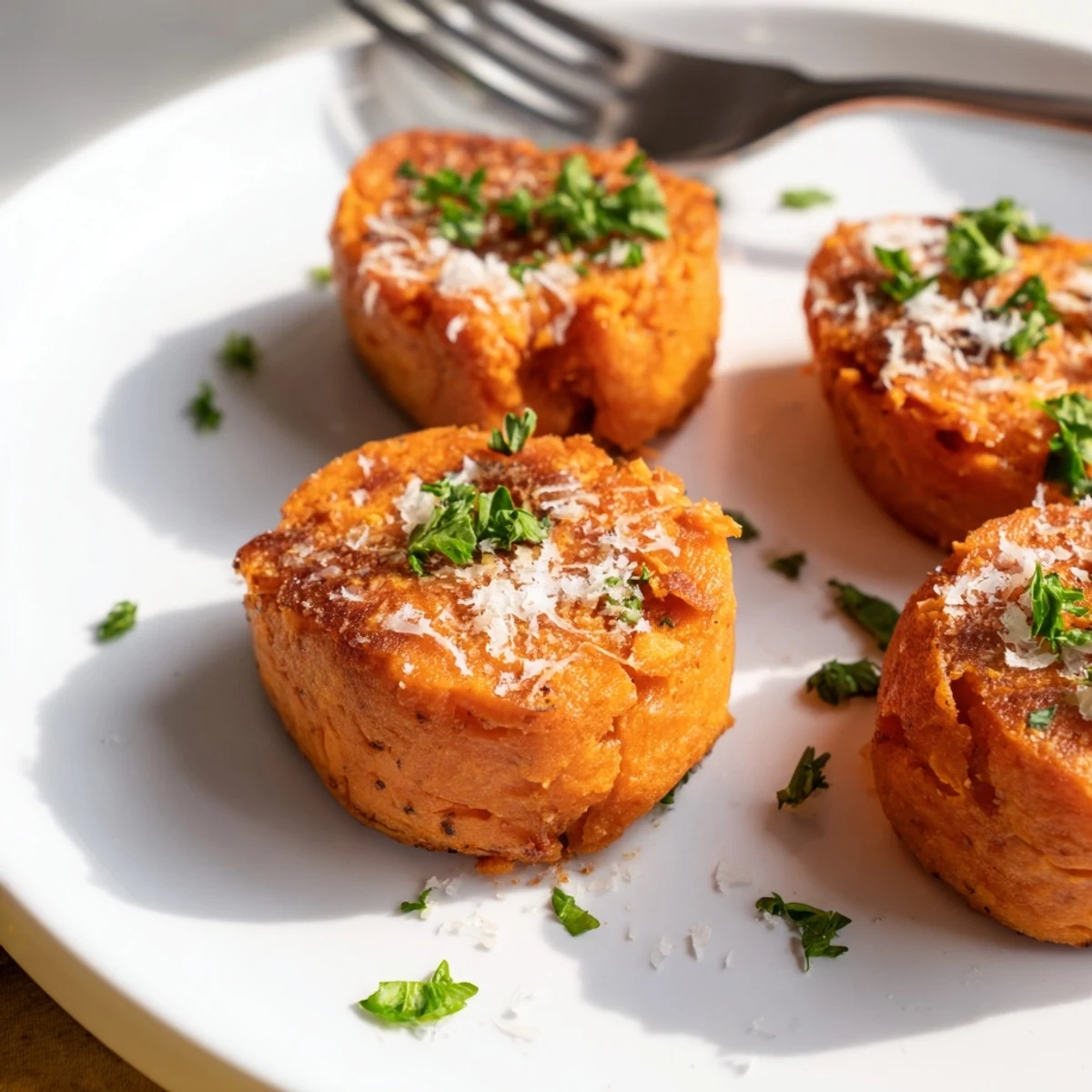 Crispy Garlic Parmesan Sweet Potato Puffs served warm, drizzled with marinara sauce.  