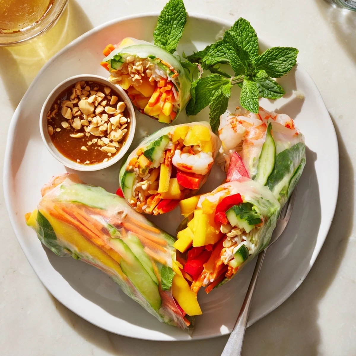 Fresh shrimp and mango spring rolls bursting with vibrant colors and textures.